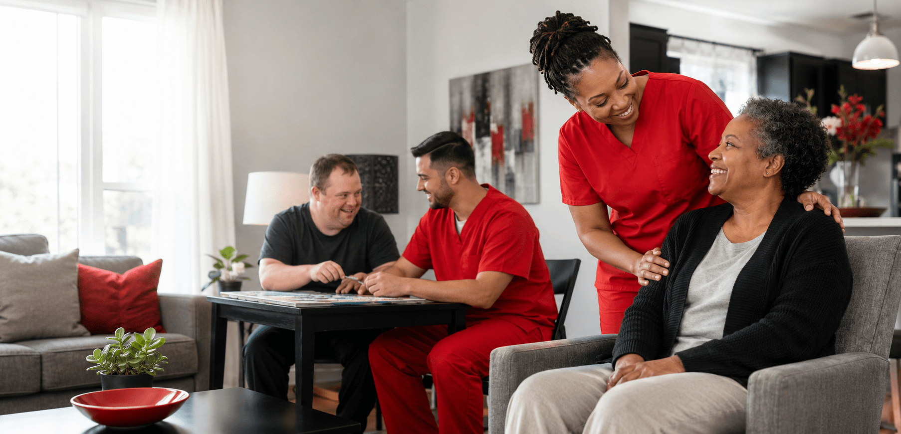 Complete Home Care staff in red scrubs supporting individuals in a home setting
